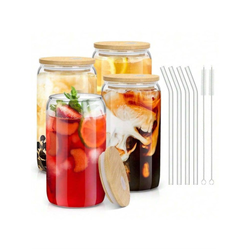 Glass Drinking Jars with Bamboo Lids and Straws Glass Drinking Jars with Bamboo Lids and Straws
